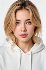 Fototapeta premium Attractive young woman with blonde hair wearing a white hoodie portrait