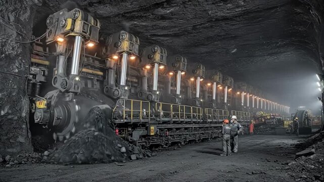 Medium shot of a longwall mining operation with hydraulic supports and conveyor belts extracting anthracite coal from deep below the earths surface.
