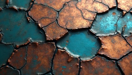 Close photo of cracked metal surface. Texture features copper tones and turquoise areas. The background shows a vintage industrial look. Abstract art. The image reveals aged paint