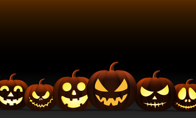 Halloween pumpkins set vector design isolated in dark orange black and spooky night. Halloween orange pumpkin with funny and scary faces for holiday season spooky trick or treat collection. 