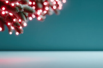 Christmas tree branch with red lights illuminating empty space
