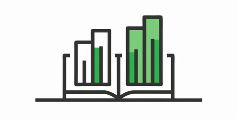 Obraz premium Open book with green bar charts inside symbolizing education analytics, academic performance and knowledge development