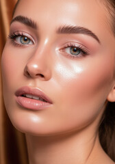 Beautiful young woman with captivating blue eyes and flawless makeup, radiating confidence and natural beauty.