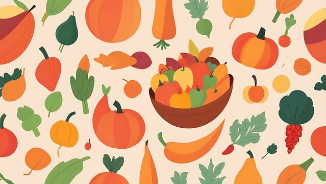 Minimalist flat design illustration of a cornucopia filled with harvest goods