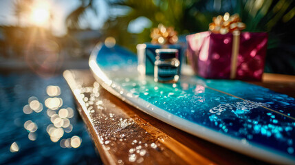 Colorful Christmas gifts tied with ribbons balancing on a surfboard floating in the ocean waves at sunset