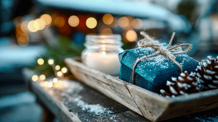 Rustic wooden sleigh with red Christmas gift wrapped in snowflake paper and twine, surrounded by glowing festive lights and flowers