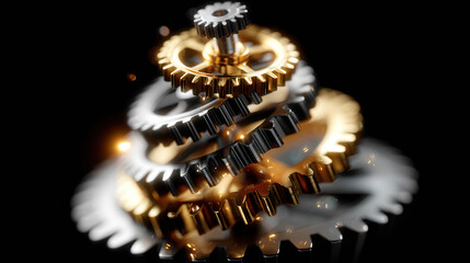 Shiny metallic gears arranged into a glowing Christmas tree with festive lights