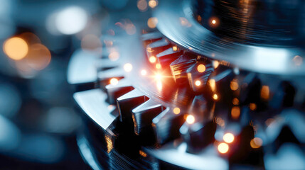 Close-up of metallic gears with glowing festive lights, symbolizing technology, mechanics, and industrial holiday design