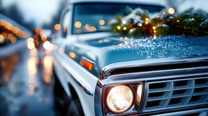 Vintage truck decorated with wreath and holiday lights on a snowy street, glowing warmly against the festive winter background