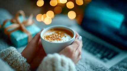 Woman holding a cup of coffee in cozy winter setting with laptop and Christmas gift in soft bokeh lights