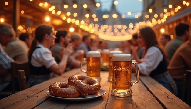 Oktoberfest people in Bavarian dress drink beer and eat pretzels. Friends at outdoor beer garden celebrate tradition. Cheerful atmosphere with lights and music. Enjoying German culture and food.