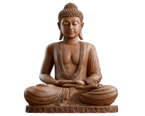 Rustic wooden Buddha statue carving sitting in serene meditation. This spiritual clipart object shows peaceful expression and traditional Buddhist art isolated