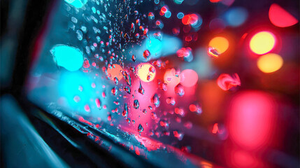 Vibrant city lights blurred through raindrops on glass, creating a dreamy neon night atmosphere with reflections and bokeh