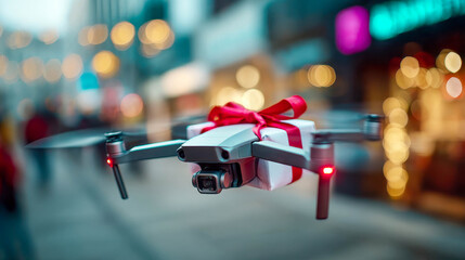 Modern drone carrying a wrapped Christmas gift with red ribbon, symbolizing innovative holiday delivery and future technology