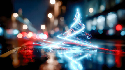 Abstract glowing Christmas tree made of red and blue light trails on dark background, symbolizing festive technology and modern celebrations