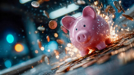 Pink piggy bank with coins bursting out dramatically, symbolizing financial stress, savings crisis, or money explosion concept
