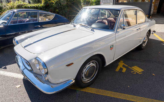 Old Italian car, Lancia Flavia, on exhibition during a vintage car rally in Varallo Sesia, Italy, September 29, 2025