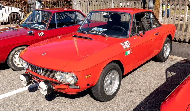 Old Italian car, Lancia Fulvia HF, on exhibition during a vintage car rally in Varallo Sesia, Italy, September 29, 2025