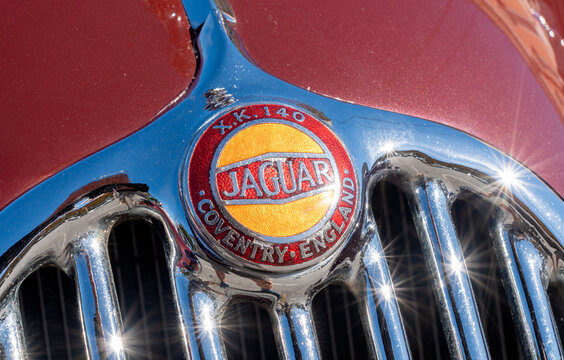 Close up of vintage Jaguar brand logo on old car Jaguar model xk 140, in exhibition during a vintage car rally in Varallo Sesia, Italy, September 29, 2025