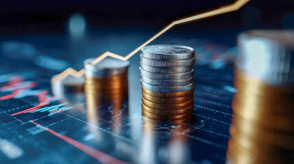 Stacks of coins with glowing upward trend line on digital chart, symbolizing economic growth, investment, and rising wealth