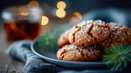 Homemade gingerbread cookies with sugar and cup of tea, styled as cozy Christmas holiday food composition