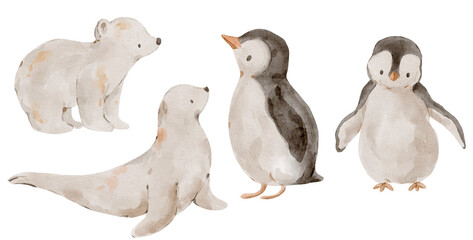 Watercolor Polar Animals, Cute Arctic Bear Seal and Penguin Chicks for Winter Christmas Cards, Posters, Nursery Prints and Holiday Decoration © jenteva
