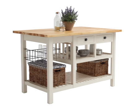 Wooden kitchen island with storage baskets and drawers, isolated on transparent background