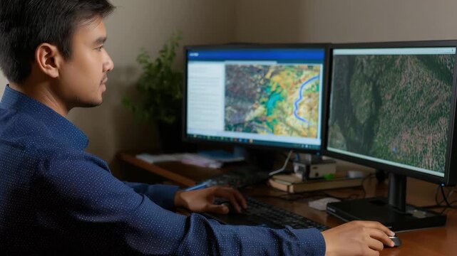 A professional is immersed in analyzing detailed geospatial data on dual monitors, revealing intricate patterns and utilizing technology for geographical information systems.