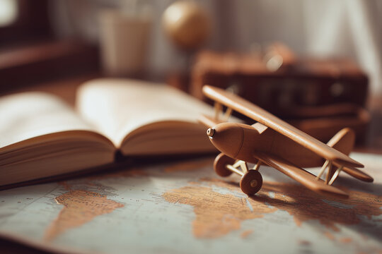 Vintage Model Airplane on Old Map with Open Book for Travel Inspiration and Adventure Planning