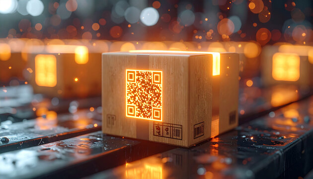 Digital Conveyor: Close-up of a cardboard box on a modern conveyor belt with an integrated QR code glowing warmly, against a background of abstract lighting and automated industry.