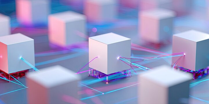 A close-up view showcasing interconnected, minimalist cubes with neon-colored lines, creating a network