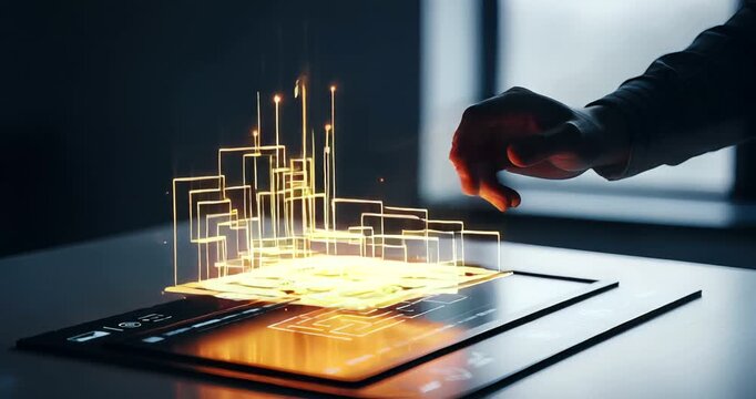Futuristic technology interface with hand interaction in a modern workspace