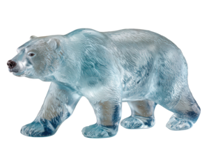 Majestic ice sculpture of polar bear walking. This frozen wildlife art element powerful animal figure, isolated on transparency background for clear cutout use