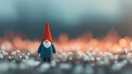 A whimsical gnome stands in a field of cotton plants, with a dreamy background featuring a soft glow and subtle snowfall.