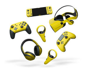 Gaming controllers, VR headset, and headphones isolated on white background with clipping path. Concept of virtual entertainment