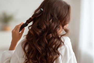 Obraz premium A woman curls her long brown hair with a curling iron, preparing for a special occasion. Her hair is shiny and healthy, styled at home with elegance.
