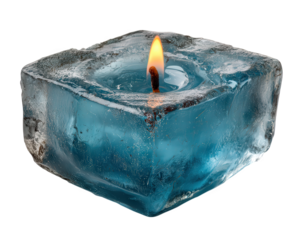 Serene blue ice candle holder with burning flame, unique concept showing beautiful contrast of hot fire and cold melting light for peaceful winter decoration