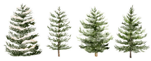 Obraz premium Watercolor Snowy Christmas Trees, Winter Evergreen Holiday Clipart for Cards, Invitations, Prints and Seasonal Cozy Decoration