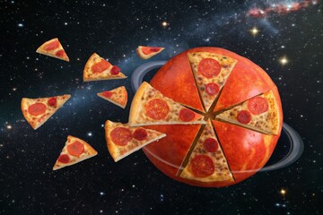 Pizza Planet Surrounded by Pepperoni Pizza Slices in Space