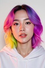 Vibrant portrait of young woman with rainbow colored hair