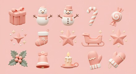 Charming Pink 3D Christmas Icon Collection Festive Holiday Elements for Seasonal Design and Celebration