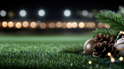 Christmas decorations like pine cones, baubles, and lights scattered on the grass of a football field, with blurred stadium lights creating a festive night atmosphere