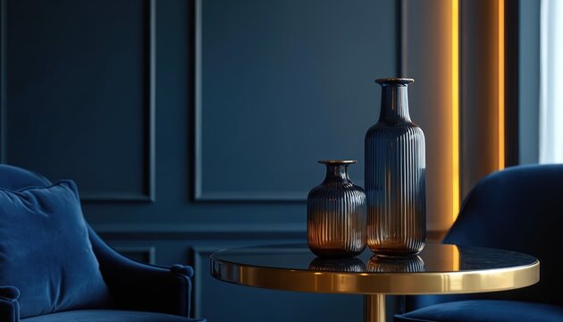 Dark blue room interior with plush velvet chairs and a small round table. Two ribbed glass vases with golden rims stand on the table. A warm golden light streams from behind tall pillars.