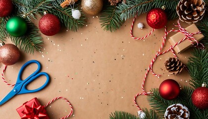 Christmas decorations and craft tools for wrapping holiday presents on a brown background with glitter