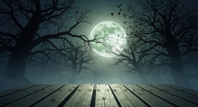 Eerie full moon night over misty forest with wooden path illuminated by moonlight - Powered by Adobe