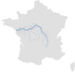 Fototapeta premium Loire river system – rivers vector map of France highlighting main stem and primary tributaries (Web Mercator, scaled by river size, PPT-compatible, multi-layered & fully editable)