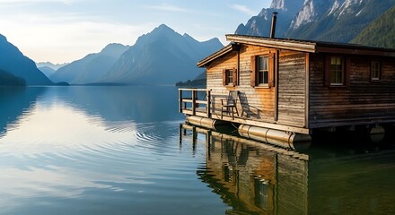 Obraz premium Tranquil wooden cabin floating on serene lake with mountain backdrop.
