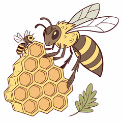 Adult bee and baby bee on honeycomb with a leaf on white background Keywords: bee, baby bee, honeycomb, hexagon, insect, animal, nature, sweet, food, yellow, brown, outline, drawing, illustration