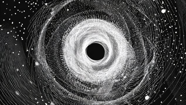Abstract depiction of a black hole, with swirling white energy and scattered stars against dark space