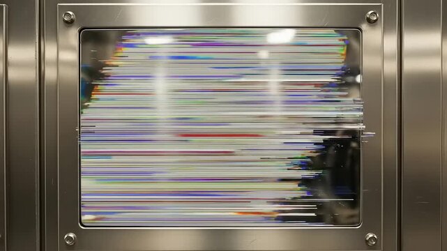 Abstract view of a moving train through a window with blurred colors.